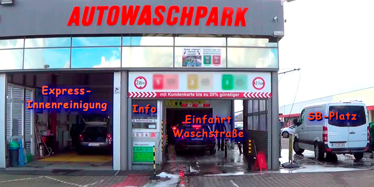 Ansicht Einfahrten Express-Innenreinigung, Einfahrt-Waschanlage, SB-Platz_Auto-Waschpark-Ingelheim